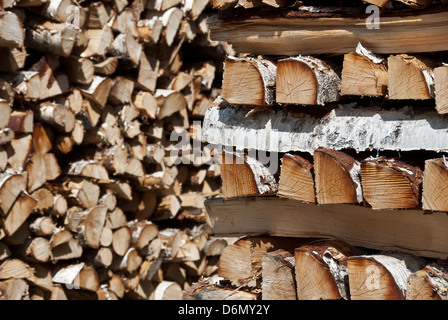 Le bois de bouleau haché sciage empilées en gros tas. Banque D'Images