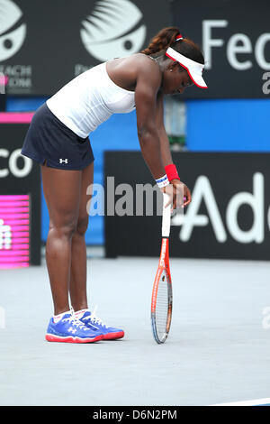 Delray Beach, Florida, USA. 20 avril, 2013. Sloane Stephens réagit lors de la Fed Cup Match contre Sofia Arvidsson de Suède. Banque D'Images