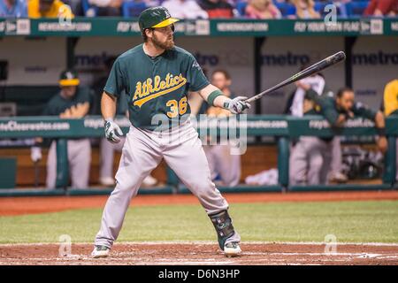 St Petersburg, USA. 20 avril 2013 : Oakland Athletics catcher Derek Norris (36) à la batte de baseball au cours de l'action de jeu entre les Athletics d'Oakland et les Rays de Tampa Bay. Tampa Bay Oakland défait 1-0 à Tropicana Field à St Petersburg, FL. Banque D'Images