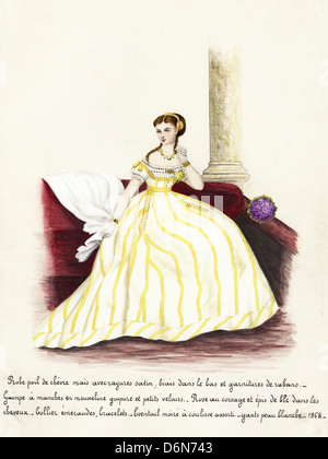 La mode française de l'époque victorienne en date du 1868. Aquarelle originale avec description de la conception en langue française de l'artiste inconnu Banque D'Images