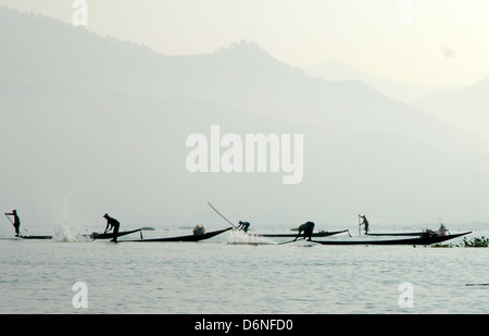 Les pêcheurs sur le lac Inle en battant l'eau avec des perches en bambou pour obtenir le poisson dans leurs filets Banque D'Images