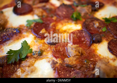 Gros plan d'une pizza au Pepperoni pepperoni garni de saucisse et de l'anchois servi dans un restaurant. Banque D'Images
