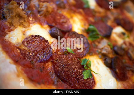 Gros plan d'une pizza au Pepperoni pepperoni garni de saucisse et de l'anchois servi dans un restaurant. Banque D'Images