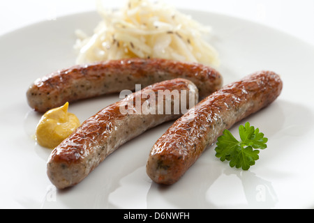 Riedlingen, Allemagne, Nuremberg saucisses avec de la choucroute et de la moutarde Banque D'Images