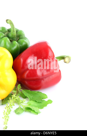 Un trois poivrons de couleurs sur fond blanc. Banque D'Images
