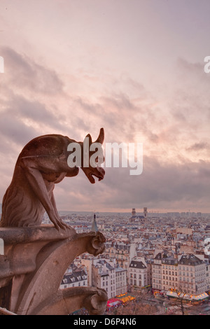 Une gargouille de Notre Dame de Paris regarde au-dessus de la ville, Paris, France, Europe Banque D'Images