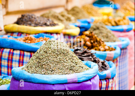 Épices colorées dans les souks juste à côté de la Place Djemaa El Fna, Marrakech, Maroc, Afrique du Nord, Afrique Banque D'Images