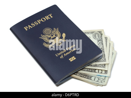 Le passeport de l'United States of America et isolé des dollars Banque D'Images