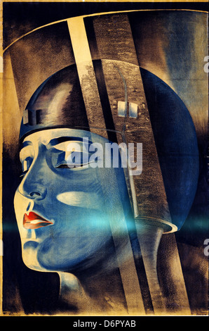 Ceci est une affiche de film de 1926 pour le film emblématique de Fritz Lang *Metropolis*. L’affiche, de style Art déco, représente la machine de transformation et Maria, l’un des personnages centraux du film, sur fond de paysage urbain futuriste. Banque D'Images