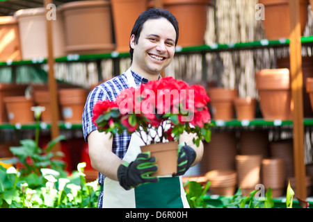 Portrait of a smiling worker holding serre un pot de fleurs Banque D'Images