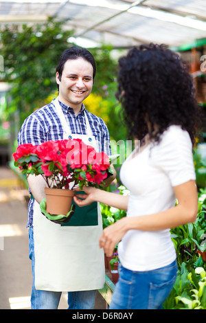 Portrait of a smiling worker à effet de donner un pot de fleur à un client Banque D'Images