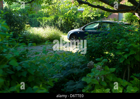 Voiture garée off road dans la banlieue de jardin Banque D'Images