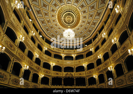Le plafond trompe-l'œil décoré qui ressemble à une coupole ronde.et les boîtes de théâtre du théâtre Teatru Manoel nommé d'après le Grand Maître de l'ordre des Chevaliers hospitaliers, Fra Antonio Manoel de Vilhena, qui a ordonné sa construction en 1731 situé à la Valette Malte Banque D'Images