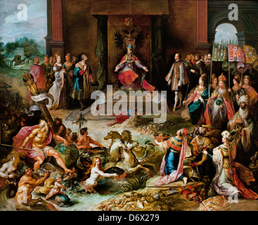 Peinture à l'huile baroque flamande intitulée "Allégorie sur l'abdication de l'empereur Charles V à Bruxelles 1635–1640 Frans Francken le Jeune. Banque D'Images