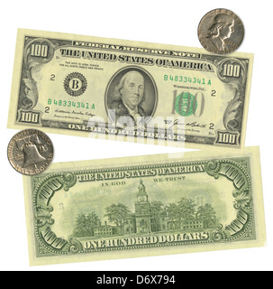 Benjamin Franklin sur l'US 1985 de 100 $ et d'un demi-dollar argent 1963. Banque D'Images