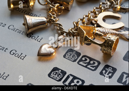 1960 Gold Charm bracelet sur la page de référence de la pureté de l'or et poinçons d'adresses Banque D'Images