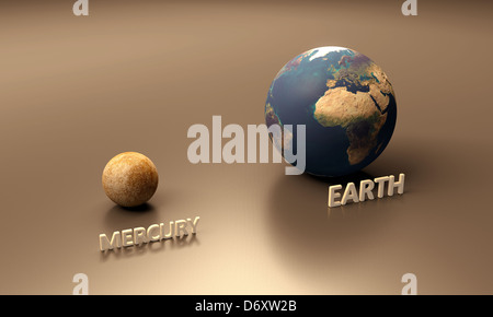 Une fiche de comparaison de taille entre les planètes Mercure et de la Terre avec des légendes. Banque D'Images