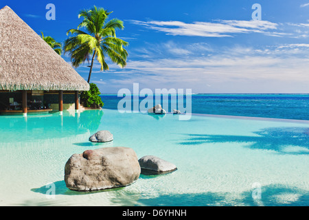 Piscine à débordement avec vue sur l'océan tropical palm tree Banque D'Images