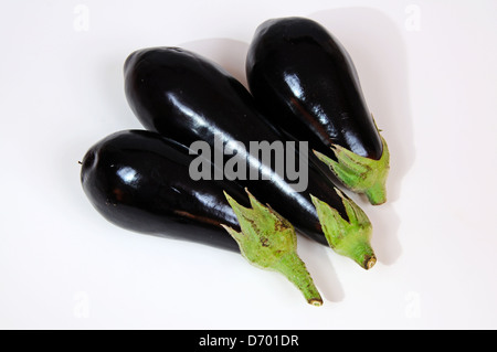 Trois Aubergines (aubergines) sur un fond blanc. Banque D'Images