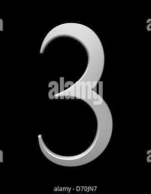 Numéro 3 en acier brossé isolated on black with clipping path Banque D'Images