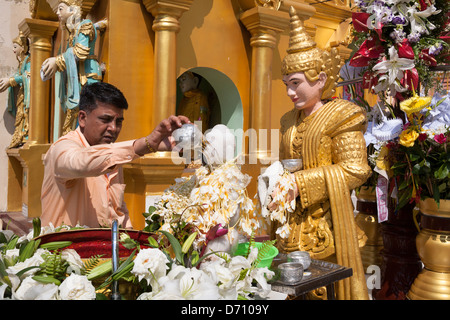 Adorateur verser de l'eau sur une statue religieuse à la pagode Shwedagon, Yangon, Rangoon, Myanmar), (Birmanie) Banque D'Images