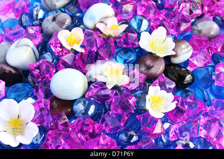 Des pierres et des fleurs colorées en arrière-plan. Banque D'Images