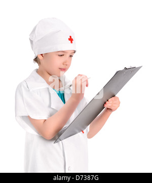 Little girl wearing graves comme une infirmière sur l'uniforme blanc écrit prescription et préparation des patients rapport Banque D'Images