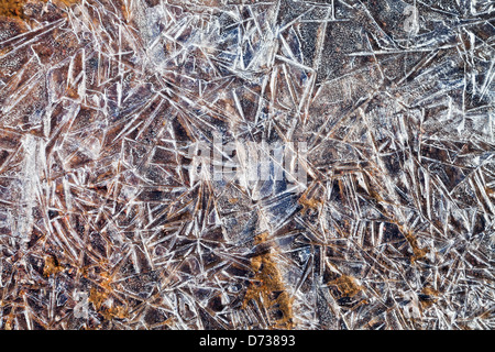 L'eau gelée avec des cristaux de glace sur le sol au printemps matin Banque D'Images