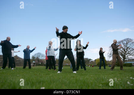 Samedi 27 avril 2013, Bideford, Devon, UK. Instructeur de Tai Chi North Devon Richard Petit mène une classe dans le parc Victoria, Bideford sur Tai Chi jour, eu lieu le dernier samedi de chaque mois d'avril. Alamy Live News. Banque D'Images