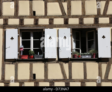 Deux fenêtres avec des fleurs et des volets décoratifs, maison à colombages Banque D'Images