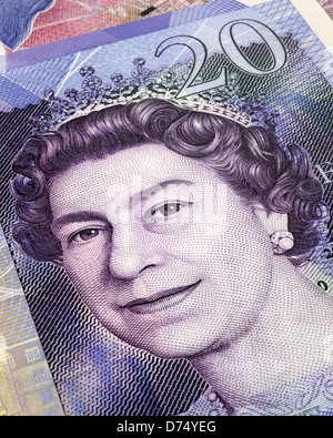 Reine sur un £20 pound note close up Banque D'Images