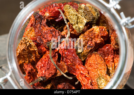 Les Bhut Jolokia Naga Jolokia (aka, Naga Morich, etc) les piments dans un bocal. UK, 2013. Banque D'Images