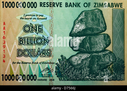 Un milliard de dollars d'un milliard de dollar note de la banque de réserve du Zimbabwe Banque D'Images