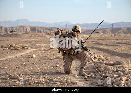 Les Marines américains et Afghans de patrouille de police de l'ordre civil au cours de l'opération en Californie pour effacer les insurgés de l'ennemi du village de Loy Mandah le 28 avril 2013 dans le district de Kajaki, dans la province d'Helmand, en Afghanistan. Banque D'Images