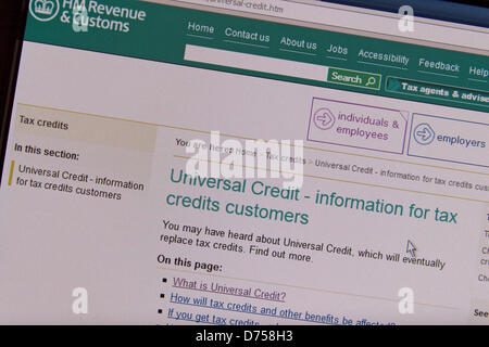 Capture d'écran d'une page de site web de HMRC pour le nouveau crédit universel (déploiement a commencé 29 avril 2013), introduit pour remplacer plusieurs avantages actuels. Banque D'Images
