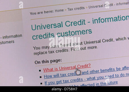 Capture d'écran d'une page de site web de HMRC pour le nouveau crédit universel (déploiement a commencé 29 avril 2013), introduit pour remplacer plusieurs avantages actuels. Banque D'Images
