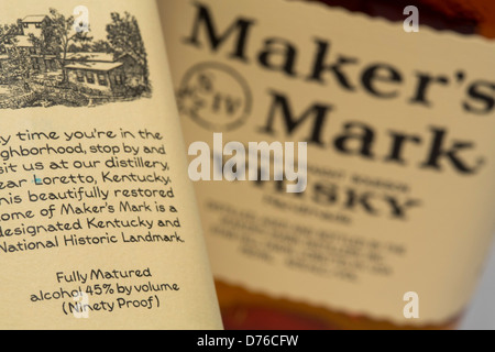 Whiskey Maker's Mark avec ses 45 % d'alcool par volume (90) matières. Banque D'Images