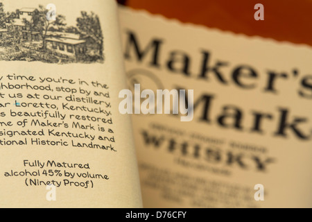 Whiskey Maker's Mark avec ses 45 % d'alcool par volume (90) matières. Banque D'Images