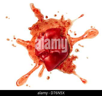 Tomates broyées et éclaboussé de légumes fruits rouge jeté sur un mur comme un symbole des aliments écrasés ou un concept pour une manifestation d'un mauvais film ou spectacle divertissant pas sur un fond blanc. Banque D'Images