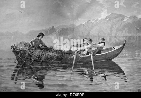 Trajet en bateau avec de l'herbe récoltée, gravure sur bois, circa 1871 Banque D'Images