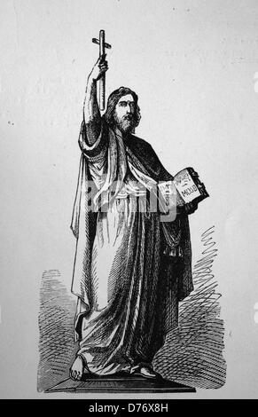 Statue de Saint Boniface à Fulda, gravure sur bois de 1880 Banque D'Images