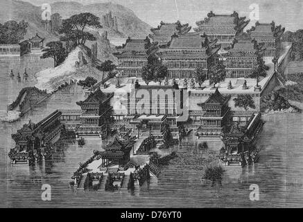 Palais d'été de Beijing, la Cité Interdite, de la Chine, gravure sur bois, vers 1865 historique Banque D'Images