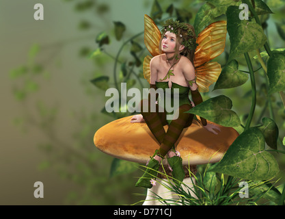 Une petite fée est assise sur un champignon Banque D'Images