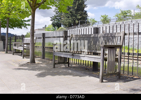 Des bancs de parc en bois sous les arbres dans les parcs publics Banque D'Images