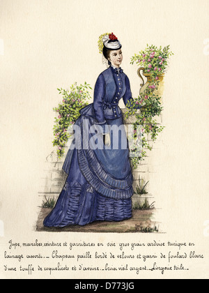 La mode française de l'époque victorienne circa 1870. Aquarelle originale avec description de la conception en langue française de l'artiste inconnu Banque D'Images