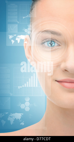 Femme avec les yeux de l'écran virtuel Banque D'Images