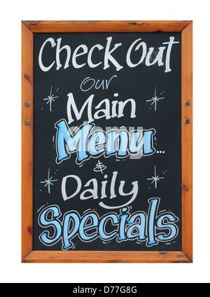 Cafe Publicité panneau disant Consultez notre menu principal et des plats du jour, fond blanc. Banque D'Images