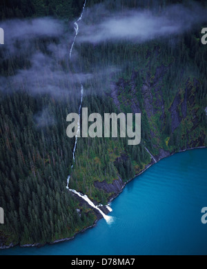 Vue aérienne des chutes d'eau le long des falaises de Tracy Tracy Arm Arm - gués terreur désert Forêt nationale de Tongass en Alaska. Banque D'Images