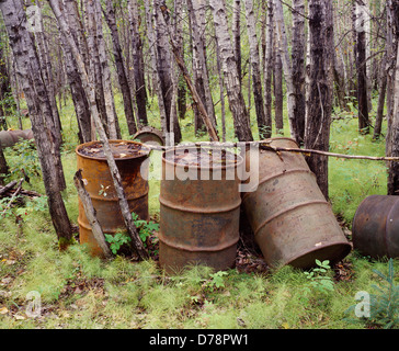 Abandonné 55 gallons gauche entre la fin des années 1930 par 1940 par U.S Army Air Force redistribuées par les inondations de la rivière Koyukuk dans Banque D'Images