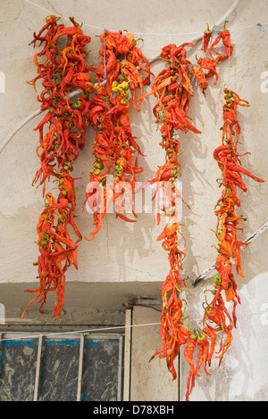 Turquie Kusadasi Aydin Province de cordes de couleur orange rouge vif le séchage des piments en fin d'après-midi, soleil d'été au-dessus Banque D'Images